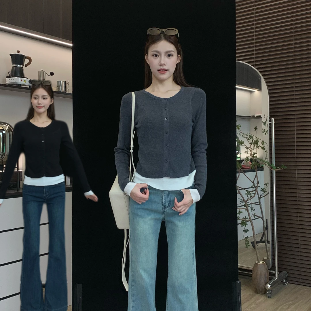 肚子m675复古撞色假两件毛针织衫女秋冬2024新款修身短上衣