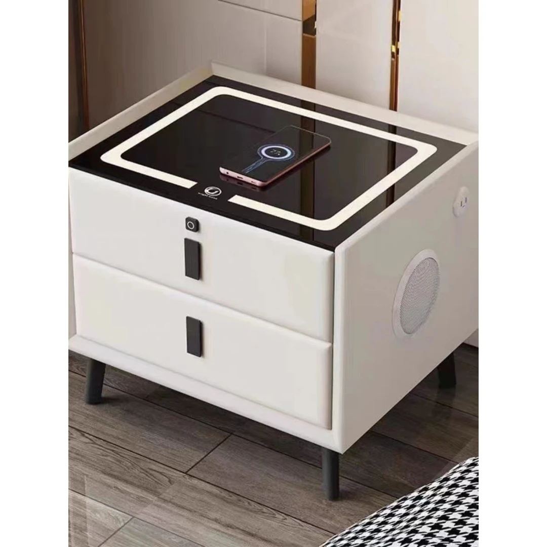 智能实木床头柜卧室家用轻奢简约无线充带灯多功能床边收纳柜整装