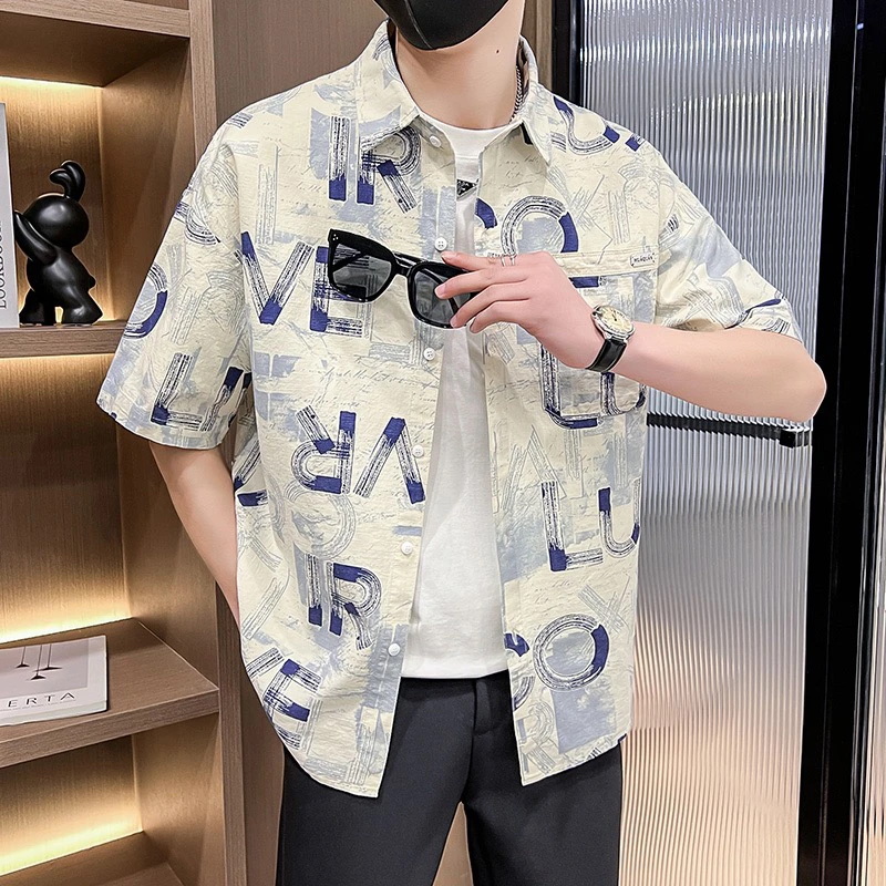 2025年男夏季翻领百搭潮流帅气个性痞帅印花衬衫上衣薄款时尚