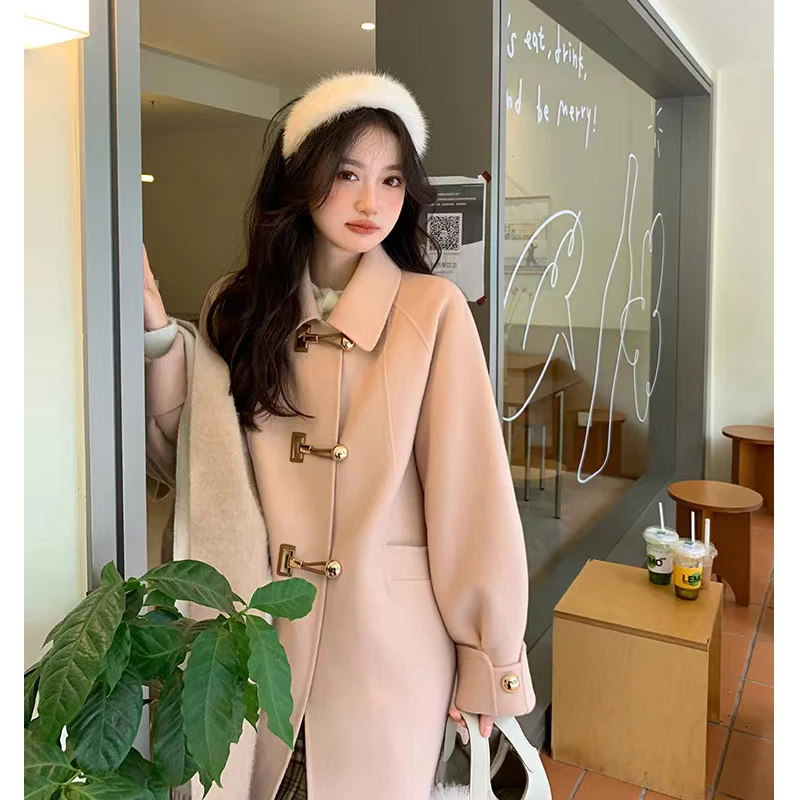 【23123】金色纽扣中长款毛呢外套女