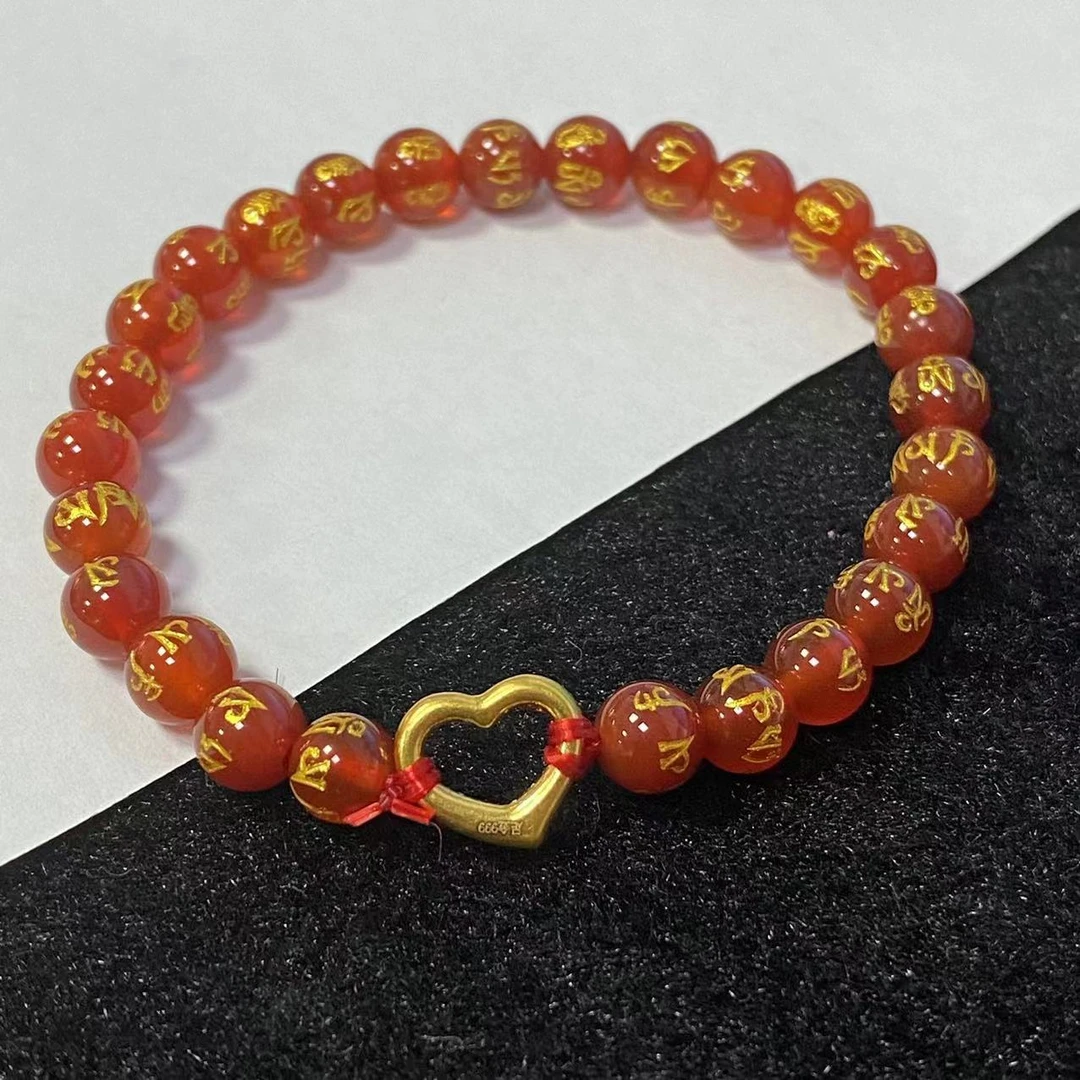 足金999烧蓝款式爱心环一面红一面素色穿六字真言红玛 瑙@@A135