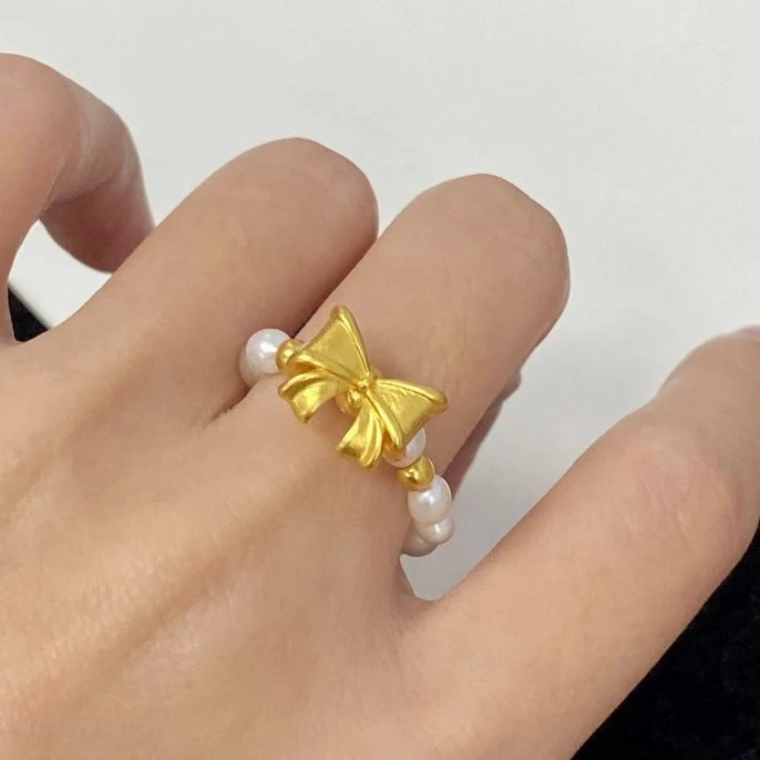 足金999蝴蝶结在逃公主珍 珠戒指@@A381