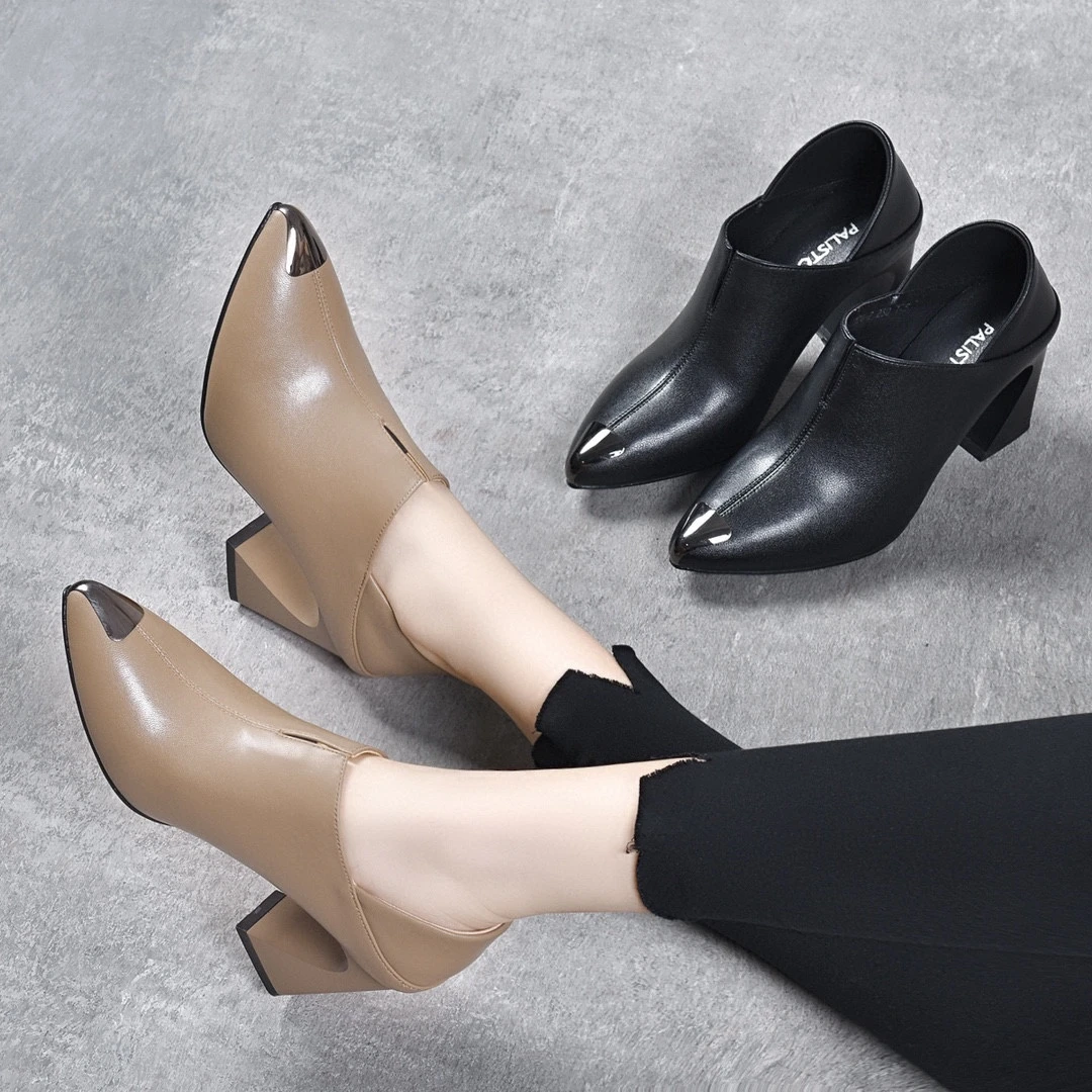 真皮包头半拖鞋女2025新款外穿粗跟拖鞋尖头小皮鞋女懒人高跟鞋