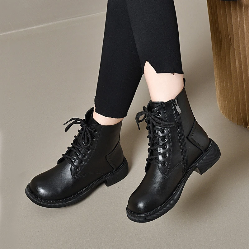 2023秋冬季真皮马丁靴棕色圆头平底加绒大头鞋复古英伦风短靴棉鞋