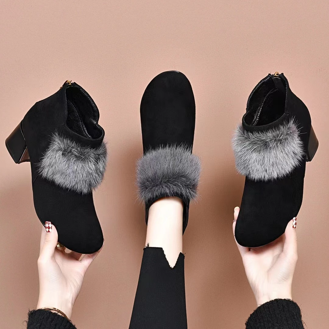 羊皮水貂毛时尚短靴2024年冬新款圆头粗跟妈妈鞋软面舒适加绒女鞋