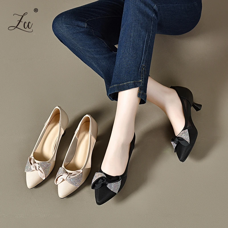 2025新款春夏季网纱单鞋女真皮透气镂空女鞋夏款尖头浅口皮鞋薄款