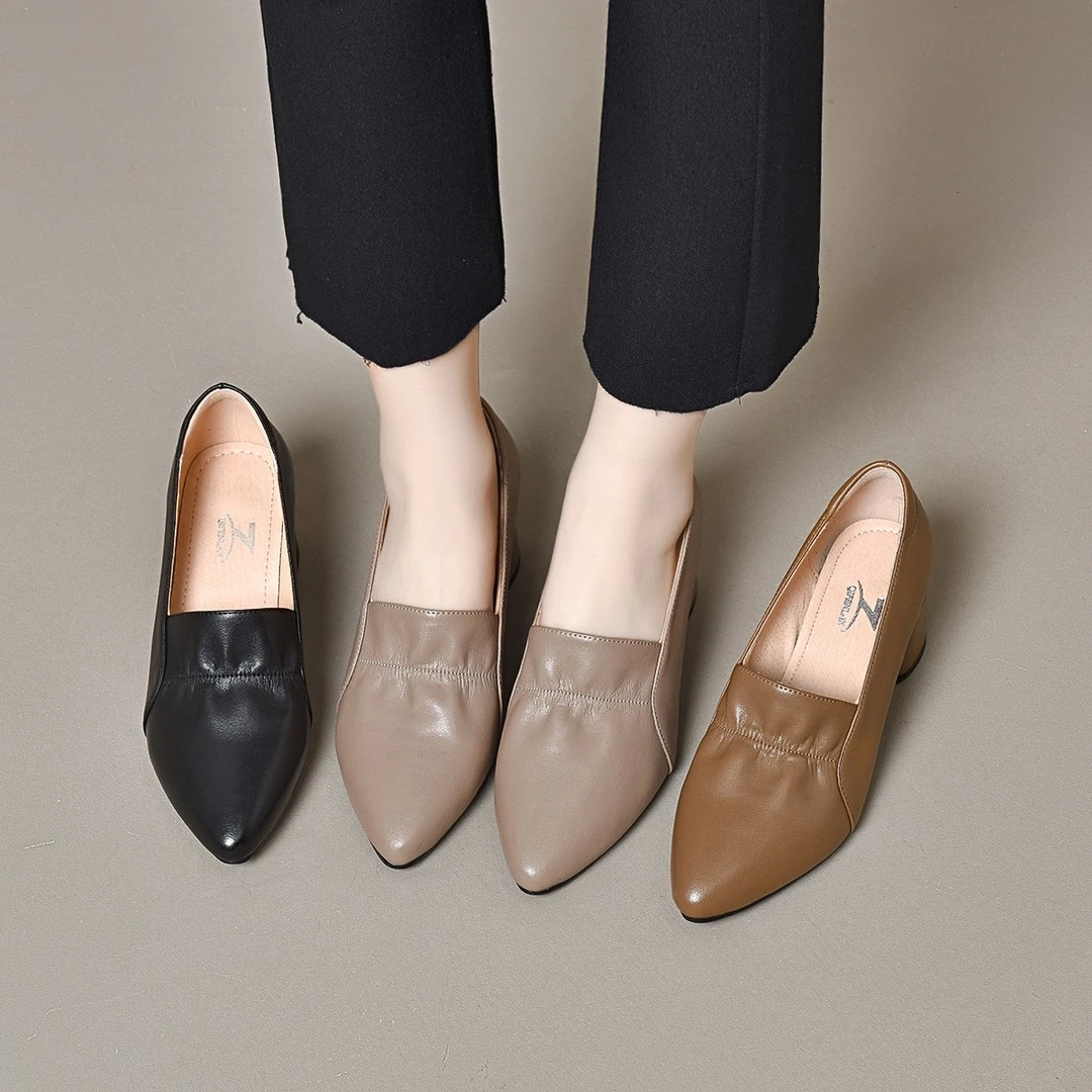 2025年早春新款浅口单鞋粗跟真皮尖头皮鞋软皮中跟鞋套脚舒适女鞋