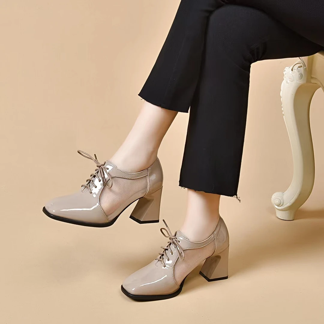 方头网面镂空女鞋粗跟深口单鞋2024春夏网纱高跟鞋中跟系带小皮鞋