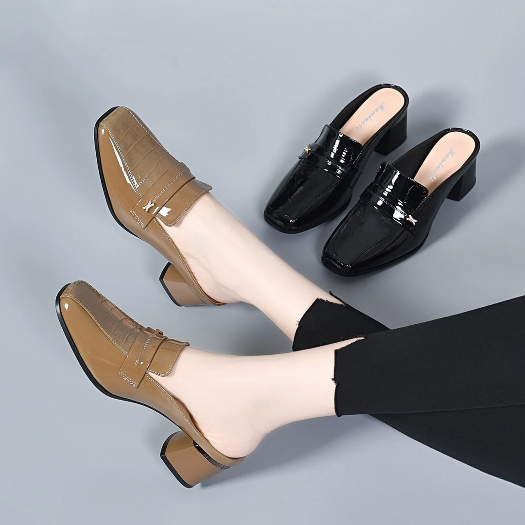 方头粗跟单鞋女2025新款春秋季真皮英伦风小皮鞋春款中跟牛皮女鞋