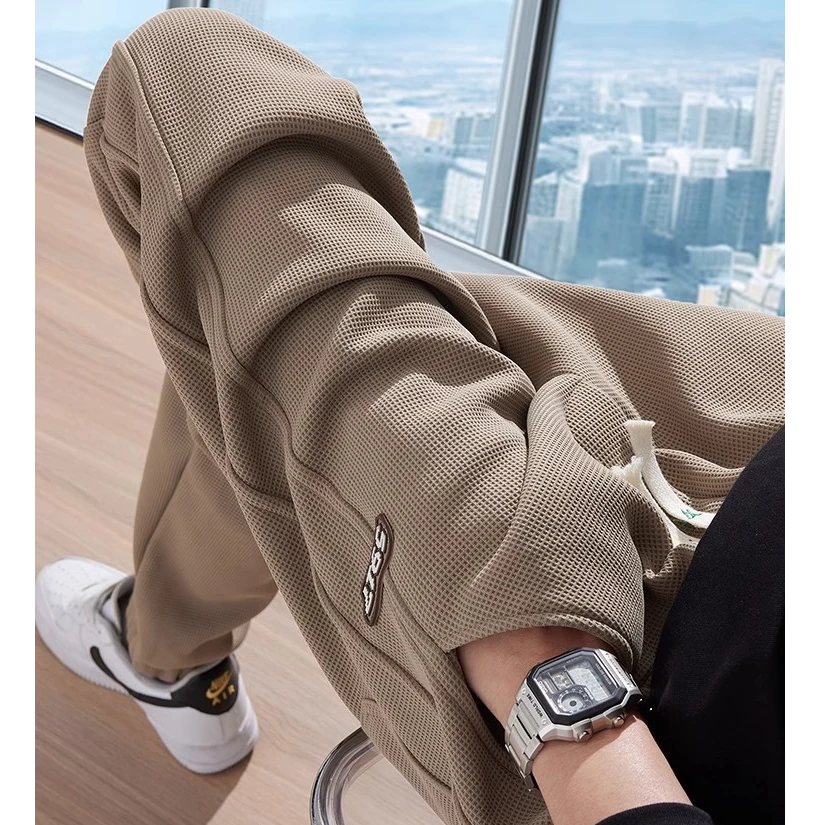 华夫格裤子男士2025新款宽松束脚潮牌美式重磅运动休闲卫裤春秋款