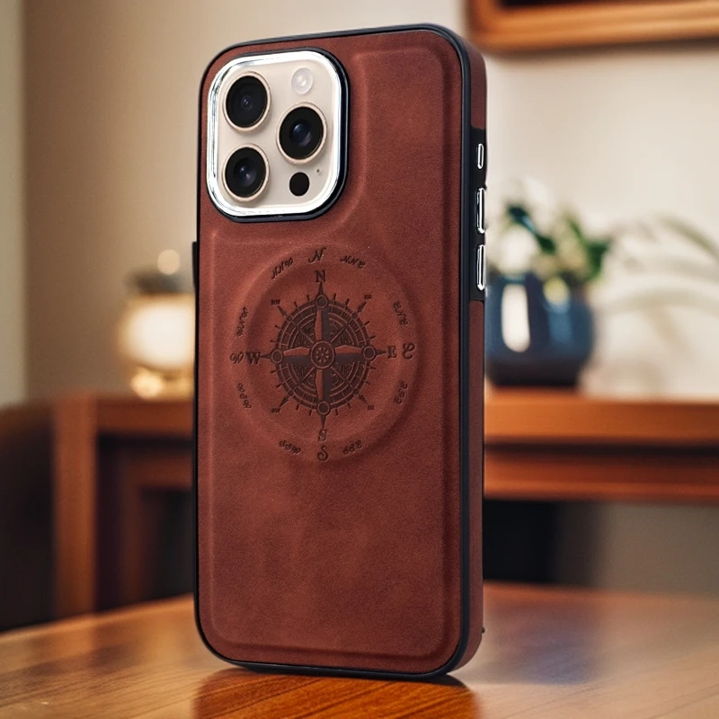 航海复古指南针图案适用苹果16手机壳iphone15磁吸14promax高级感