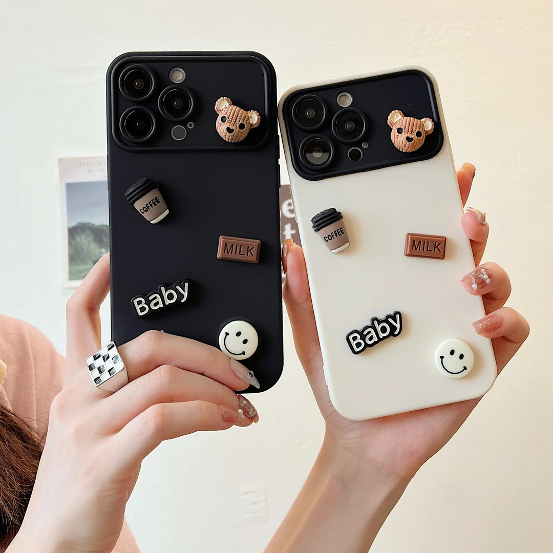 卡通立体咖啡小熊苹果15promax手机壳iPhone14大视窗13防摔12/11