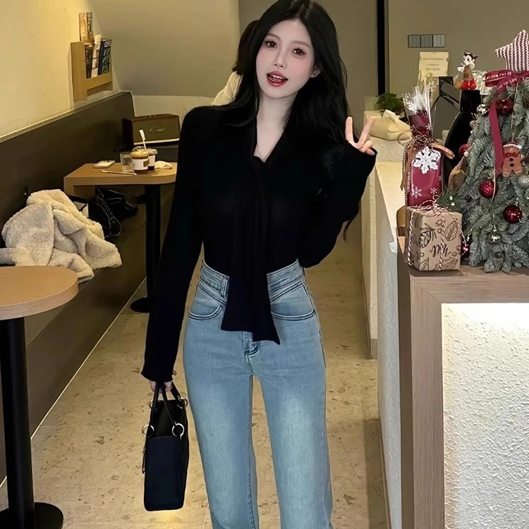 春秋加厚磨毛加绒内搭打底衫设计别致领结上衣女黑色修身长袖T恤