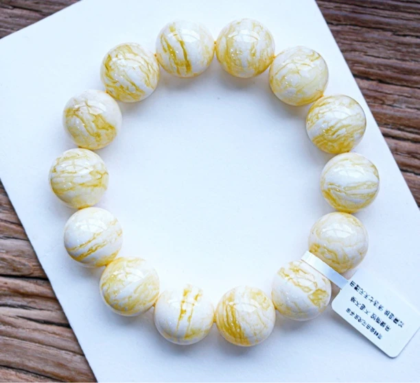 同料17.3mm俄料顺纹虎皮瓷白花蜡手串40.68克蜜蜡手串