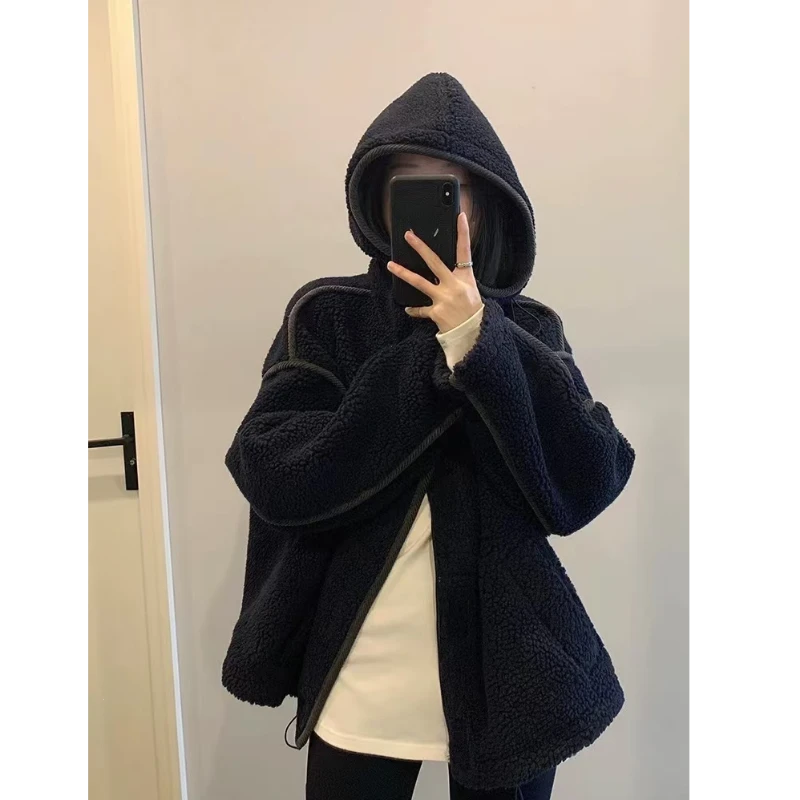 韩版连帽最新品24秋冬季羊羔小卷毛加厚时尚宽松毛毛绒毛毛外套