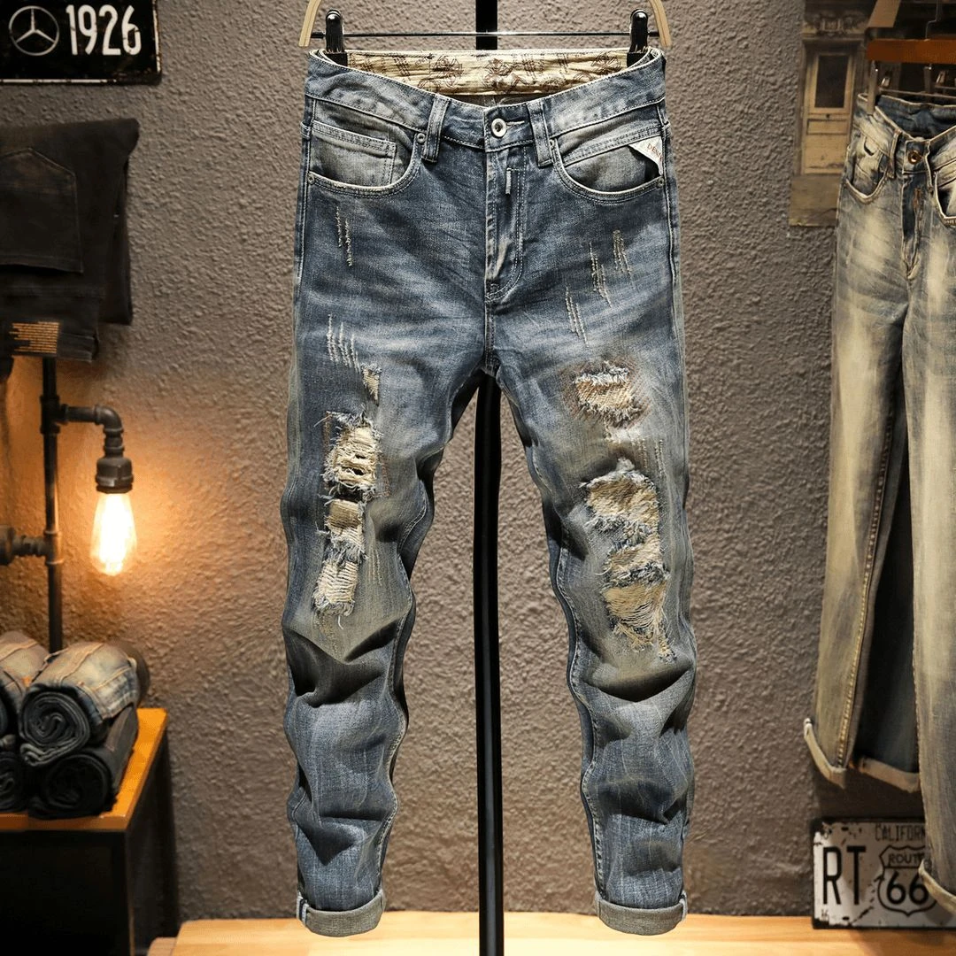 欧洲站高端做旧复古破洞补丁乞丐裤牛仔裤男士修身小直筒弹力潮牌