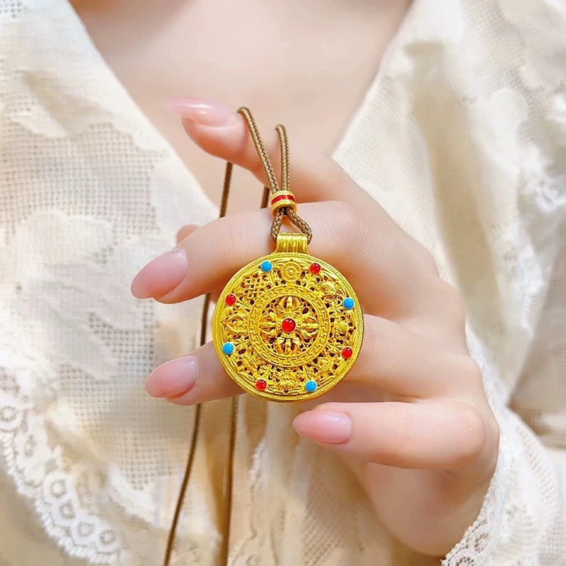 非金属布艺项链 韦雪同款镂空珐琅彩金刚杵八宝罗盘项链毛衣链女