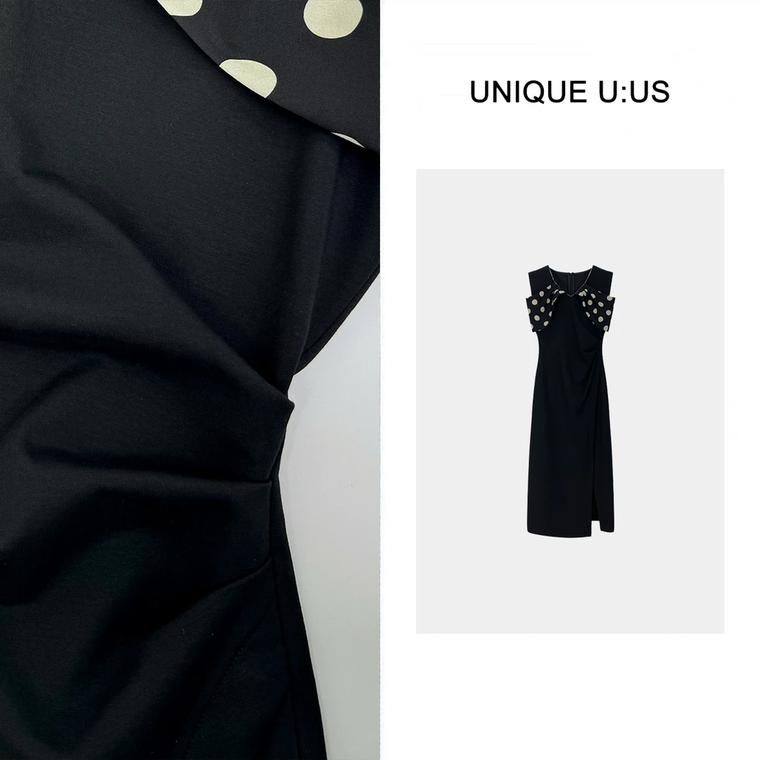 UNIQUE U:US【伊丽莎白波点】拼色露肩拼接显瘦气质连衣裙-241960