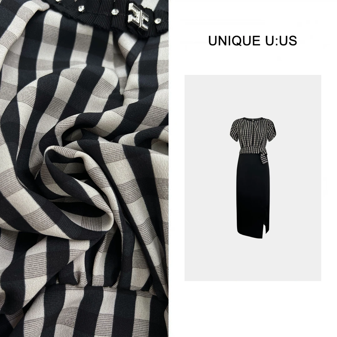 UNIQUE U:US【时光定格】格纹拼色气质休闲百搭女装连衣裙-243233