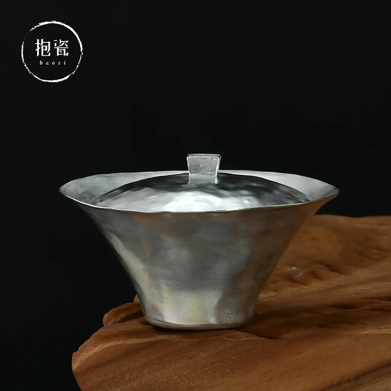 吴燕辉盖碗鎏银茶具日式诧寂风手作泡茶碗纯手工撇口盖碗创意复古