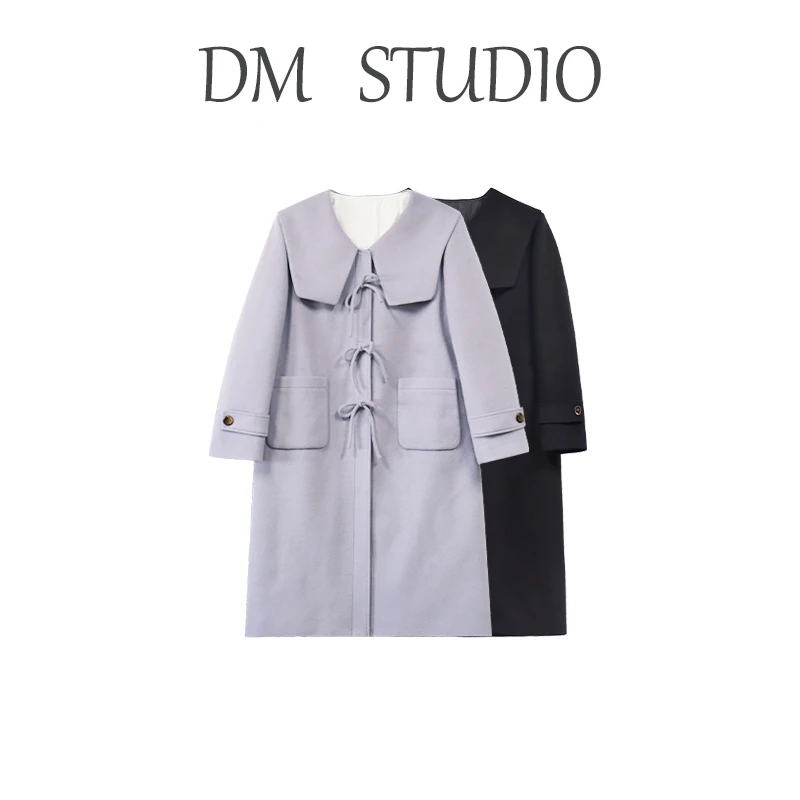 DM15490【伦敦邂逅】秋冬经典海军领简约蝴蝶结显瘦长款大衣