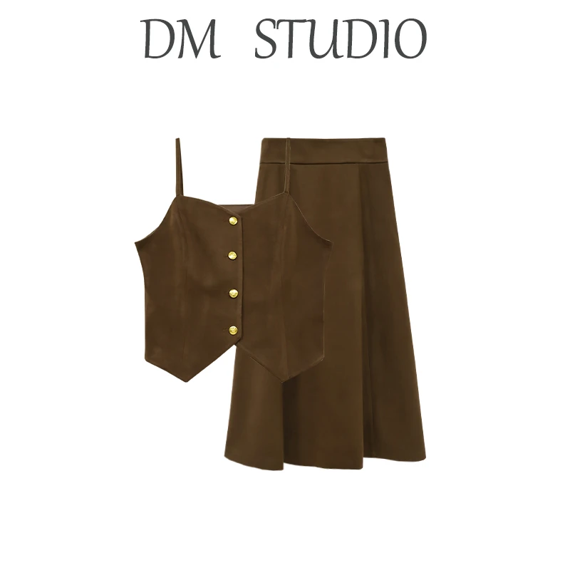 DM11915【秋日限定】秋冬时尚V领马甲背心高腰A字百搭套装