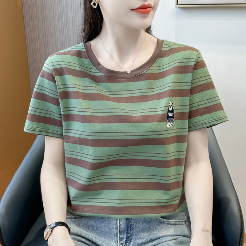 条纹刺绣T恤女短袖宽松显瘦2024夏季新款大码休闲上衣