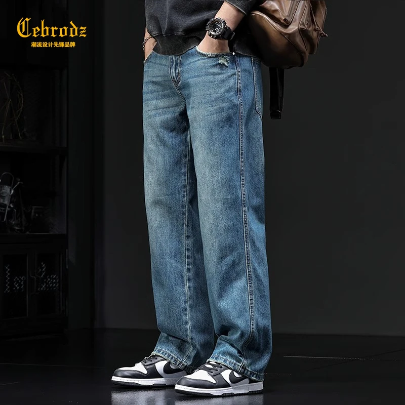 Cebrodz男牛仔裤子大码休闲潮牌百搭高街宽松男士美式牛仔裤水洗