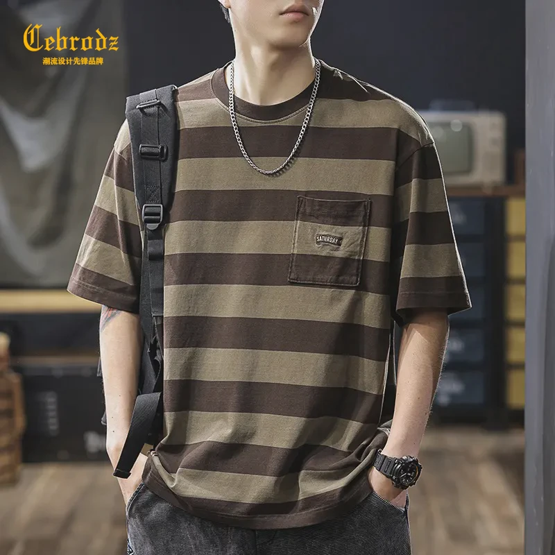 Cebrodz美式复古条纹短袖T恤男2024夏季新款重磅男士宽松半袖百搭