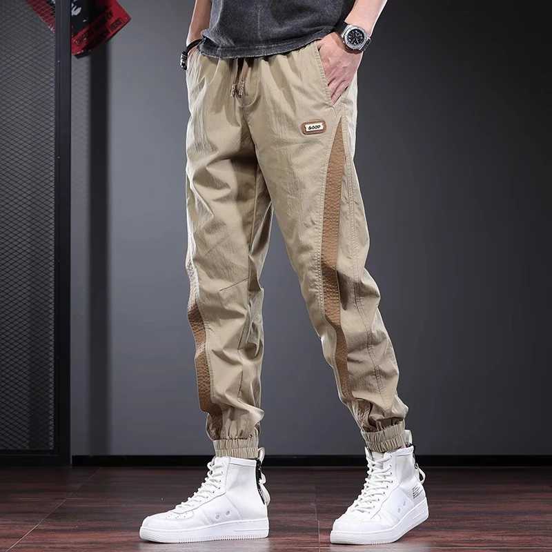 Cebrodz撞色休闲裤男夏季薄款卡其色宽松束脚运动裤2025浅色