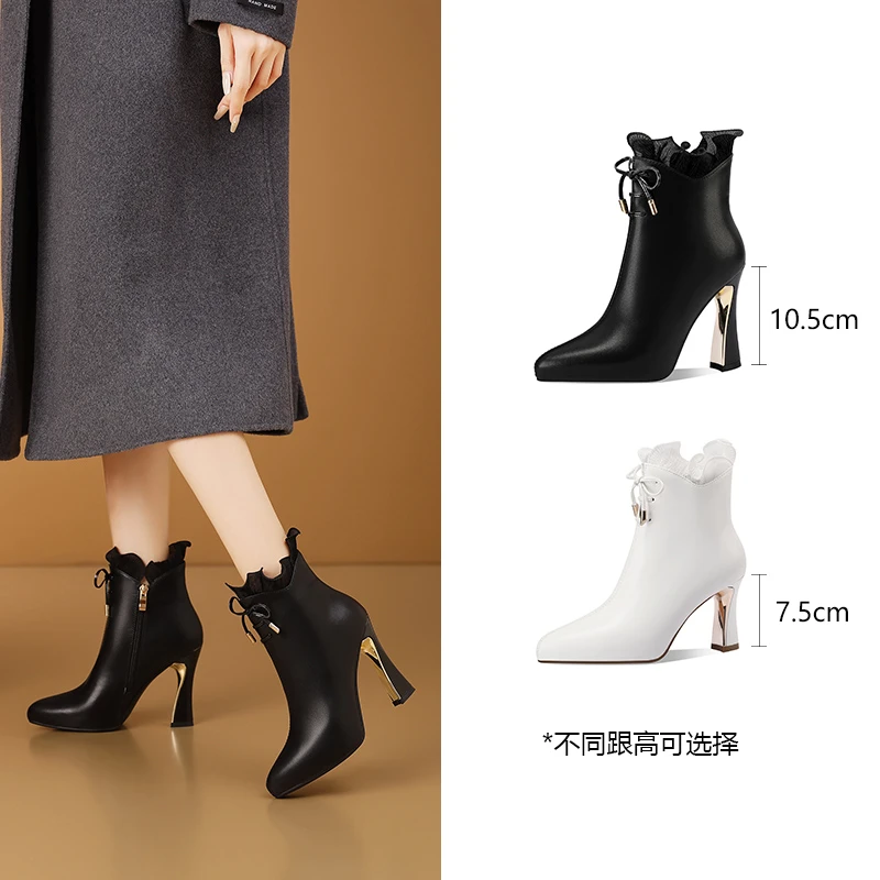 尖头粗跟短靴女气质时尚黑色细跟高跟秋冬冬季跟鞋百搭性感裸靴