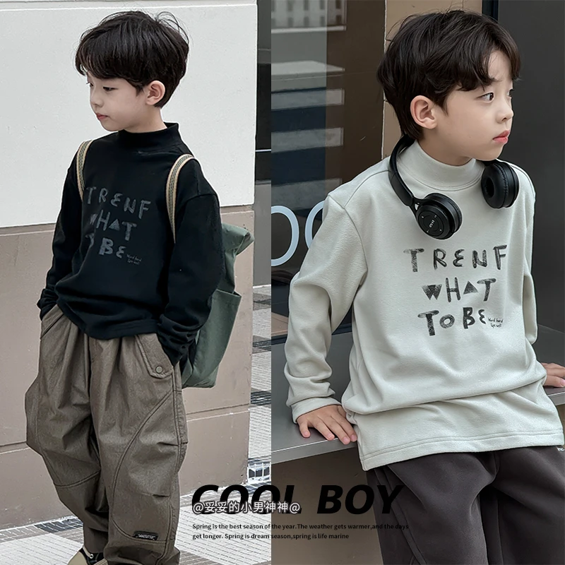 【现货】男童半高领打底衫秋冬款2024新款儿童加厚冬季长袖T恤潮