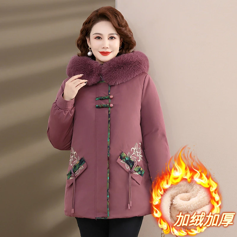 妈妈冬装棉衣外套加绒加厚派克服洋气国风中老年女装连帽保暖棉袄