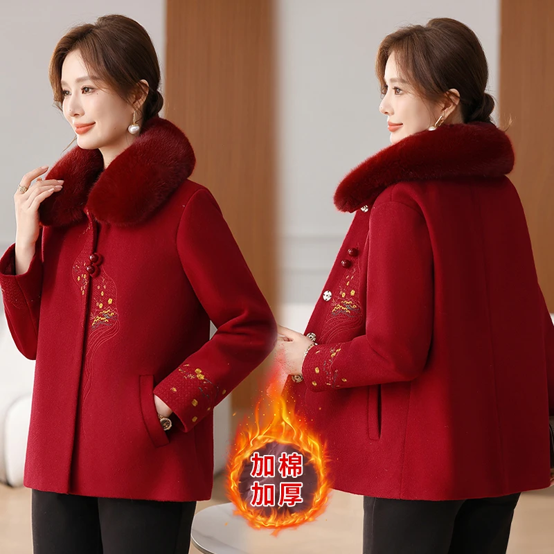 高贵妈妈装秋冬加棉毛呢大衣中式刺绣中老年女装冬季加厚呢子外套