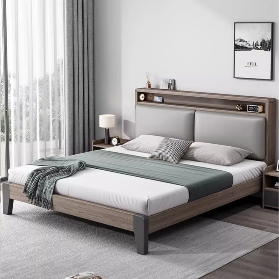 2024新款简易板式床实木床双人主卧大床家用小户型出租房用单人床