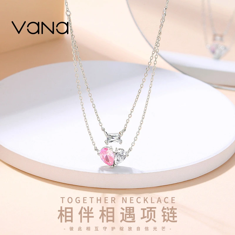 VANA 坠链均925银合成锆石 粉色爱心项链甜美少女简约彩色纯银