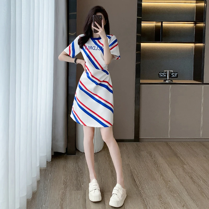 欧货设计感小众撞色条纹连衣裙女2025夏新款中长款修身休闲A字裙