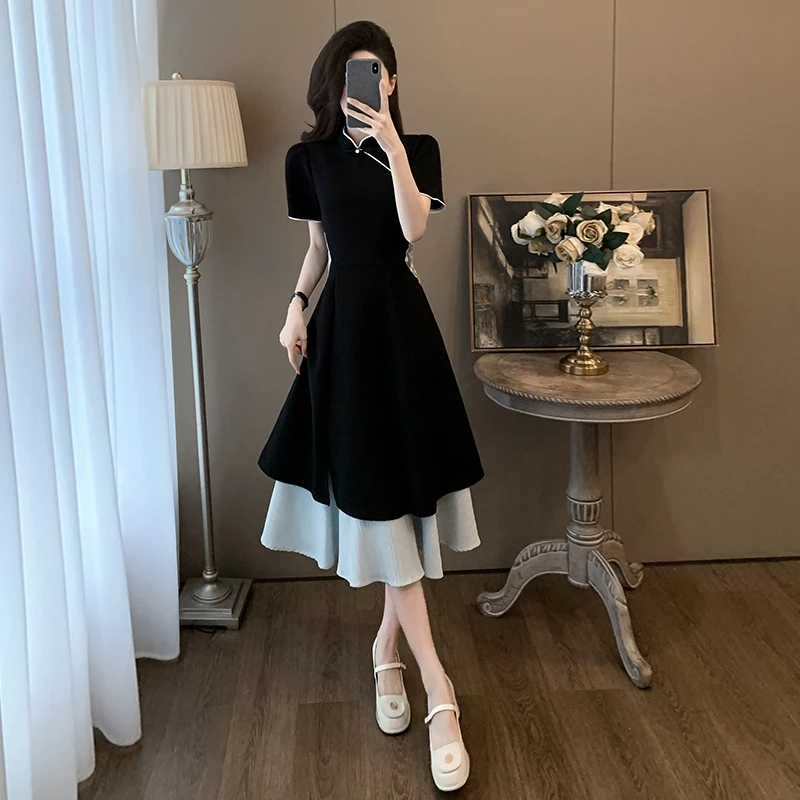 法式小众时尚设计感撞色拼接气质显瘦女装连衣裙名媛减龄小黑裙子