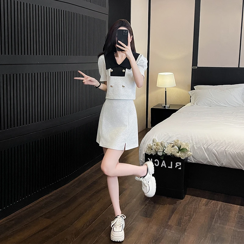 小香风时尚套装裙女夏季时髦欧货漂亮撞色上衣半身裙小个子两件套