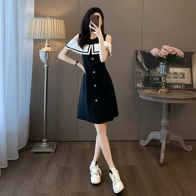 露肩连衣裙女气质名媛风修身显瘦小个子a字裙洋气2025新款高级感