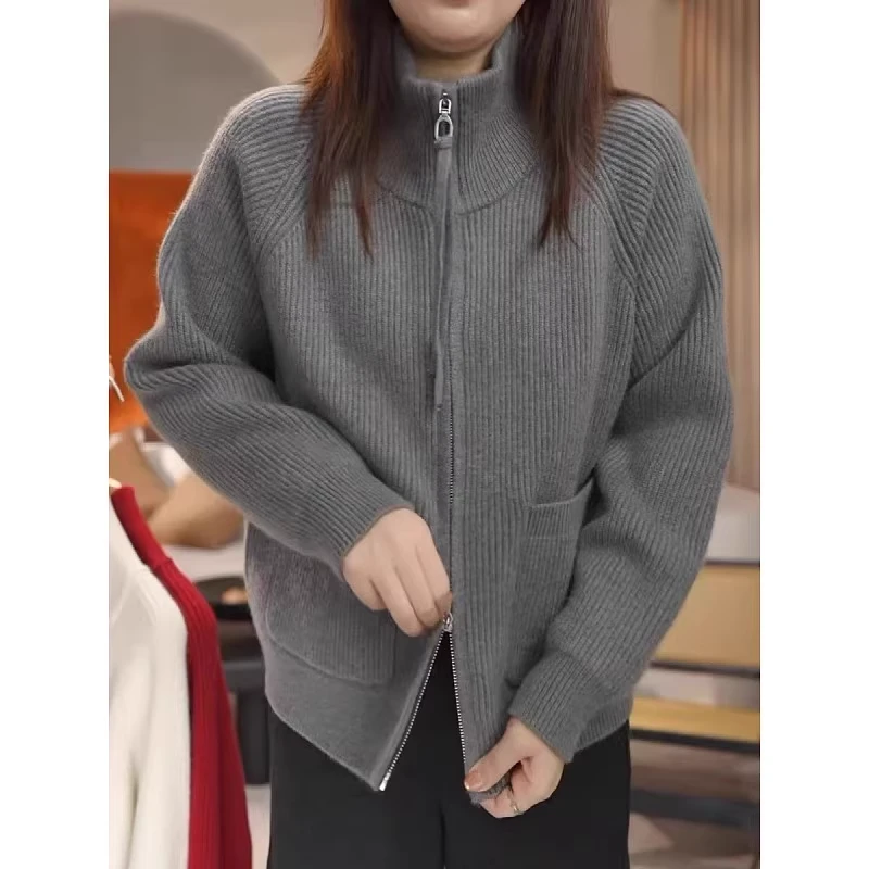 韩版高领双拉链针织开衫上衣冬季大码宽松百搭毛衣外套女圣诞穿搭