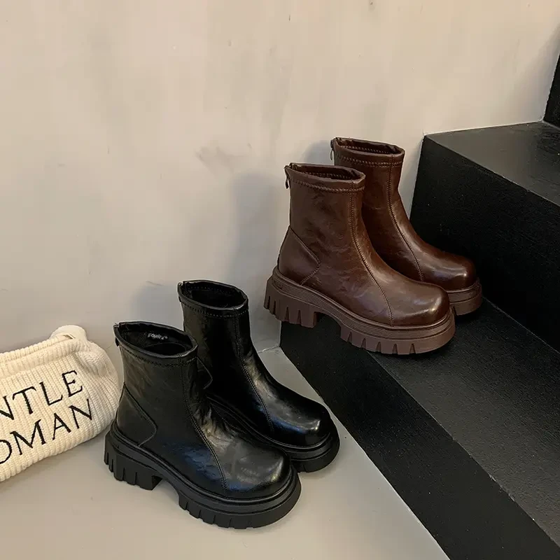 粗跟厚底短靴女2024秋季新款擦色英伦风复古时尚百搭瘦瘦靴