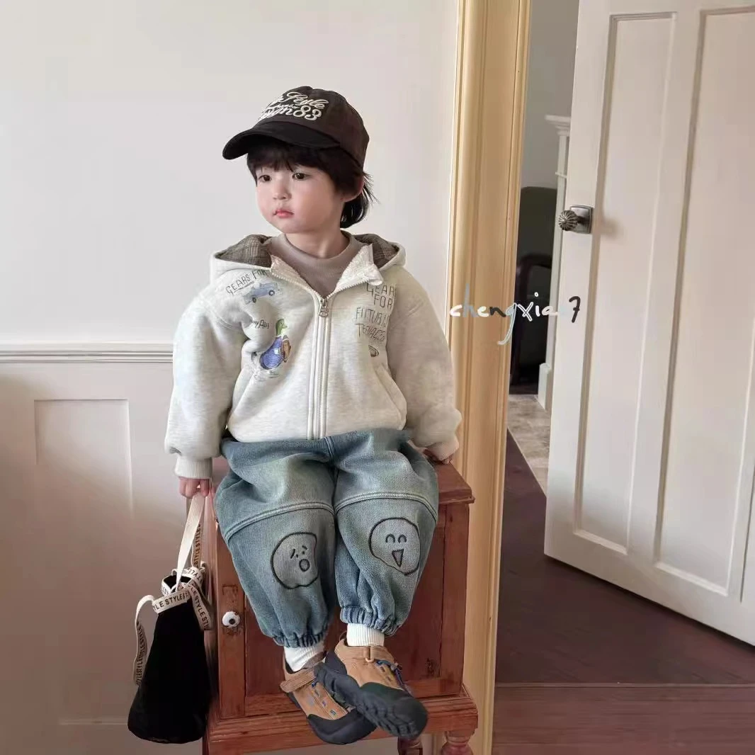 加绒加厚连帽大中小男童卫衣2024秋冬洋气儿童保暖宝宝上衣棉外套