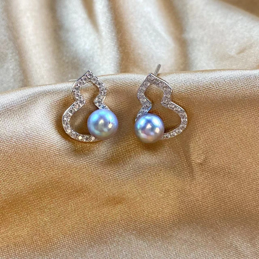 福气多多 葫芦真多麻耳钉S925银6.5-7mm正圆海水珍珠耳环AB229