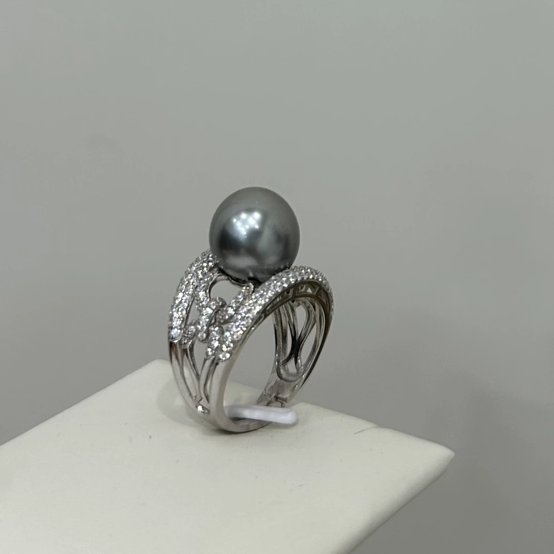 高级感铂金灰戒指黑色大溪地设计师指环满钻镶嵌精致戒指AB420