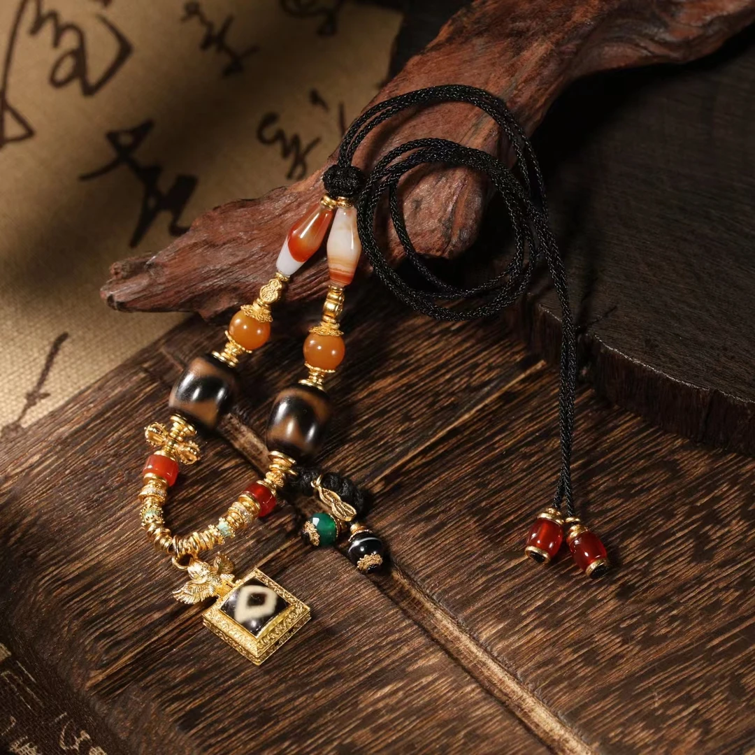 壹加小羊|手工设计玛瑙银镶一Y黑金牙牙多宝锁骨链