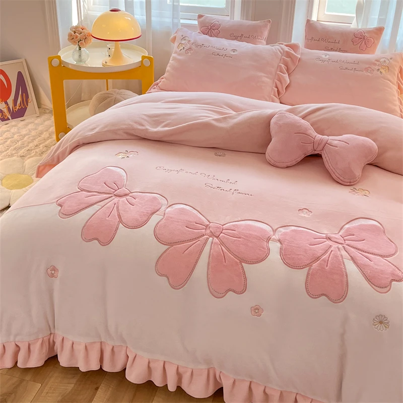 2024加厚牛奶绒四件套公主风加绒双面绒三件套床上用品床单床笠款