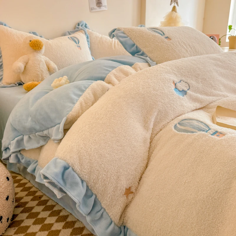 公主风牛奶绒床上四件套冬季加厚保暖法兰珊瑚绒被套加绒床单床品