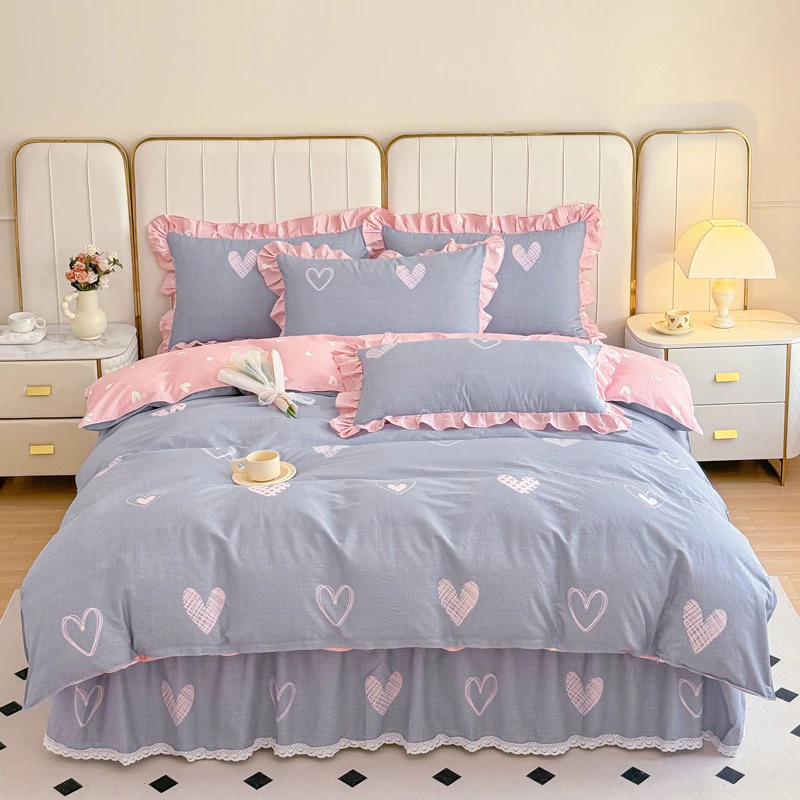 新品100%纯棉床裙四件套韩式加厚全棉荷叶边床罩被套罩印花四季款