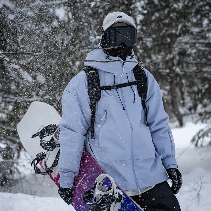 浅蓝色3L防水防风耐磨滑雪外套全压胶oversize单板滑雪服加绒